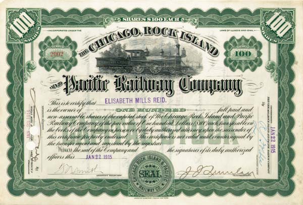 Elisabeth Mills Reid - Chicago Rock Island and Pacific Railway - Stock Certificate