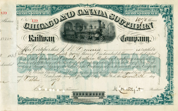 William H. Vanderbilt - Chicago and Canada Southern Railway - Stock Certificate