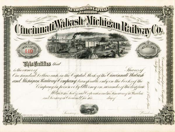 Cincinnati, Wabash and Michigan Railway - Stock Certificate