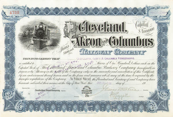 Cleveland, Akron and Columbus Railway - 1901 dated Railroad Stock Certificate