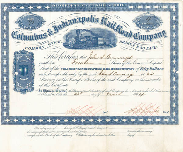 Columbus and Indianapolis Railroad - Stock Certificate