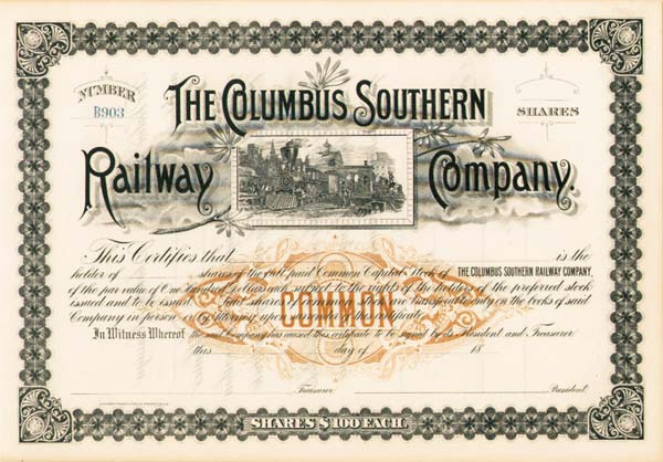 Columbus Southern Railway Co. - Stock Certificate