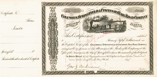 Columbus, Springfield and Cincinnati Railroad - Stock Certificate