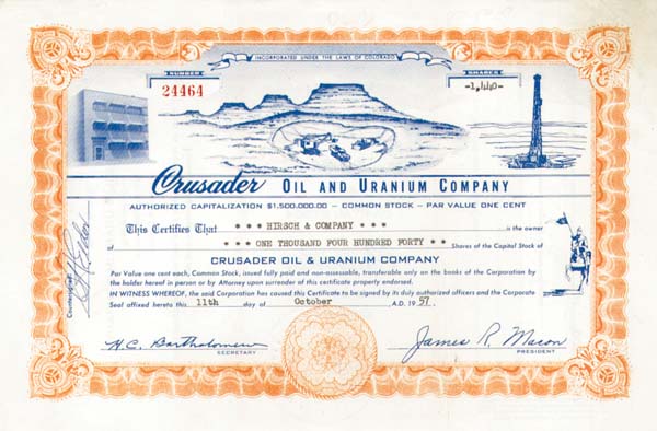 Crusader Oil and Uranium Co. - Stock Certificate (Uncanceled)