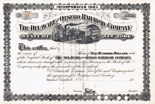 Delaware and Otsego Railroad - Stock Certificate