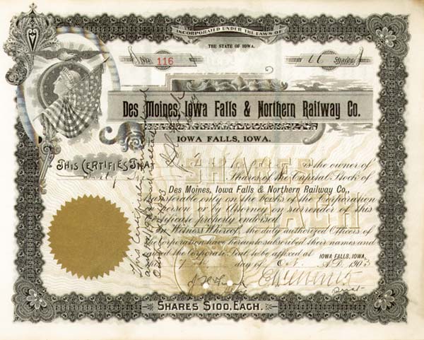 Des Moines, Iowa Falls and Northern Railway - Stock Certificate