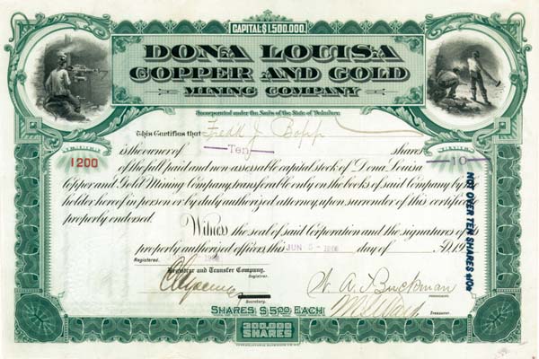 Dona Louisa Copper and Gold Mining Co. - Stock Certificate