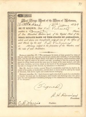 Real Estate Bank of the State of Arkansas - 1830's Banking Stock Certificate