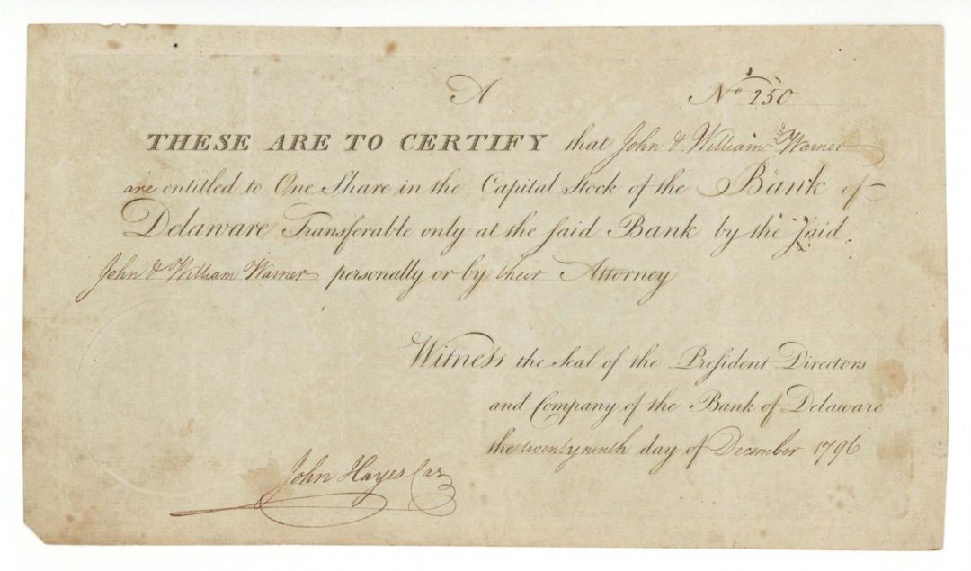 Bank of Delaware - 1796 or 1797 dated Stock Certificate