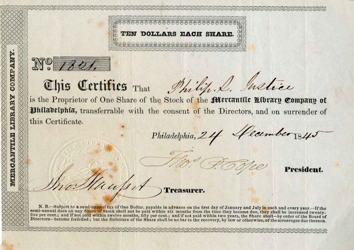 Mercantile Library Co. of Philadelphia - Stock Certificate