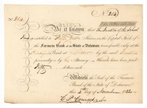 Farmers Bank of the State of Delaware - 1819 or 1822 dated Stock Certificate