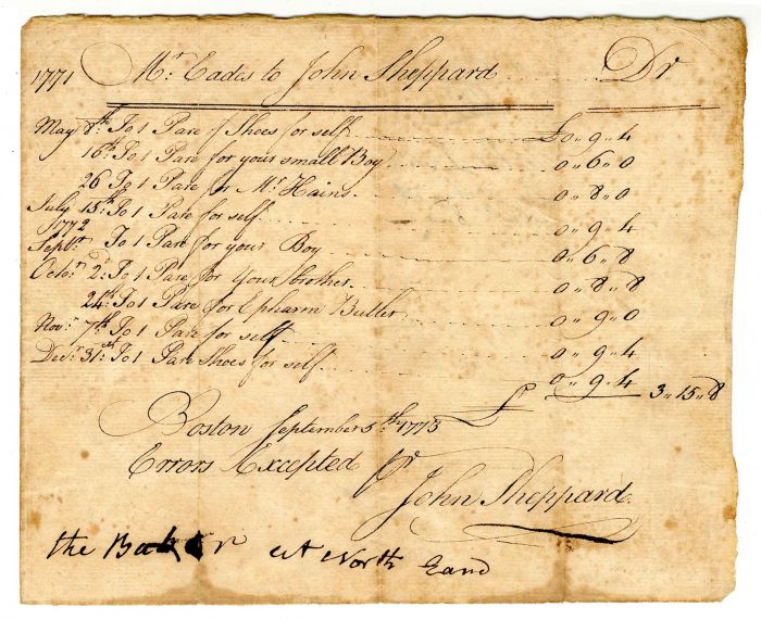 Invoice to John Sheppard - 1773 dated Document - Boston, Massachusetts - Shoes