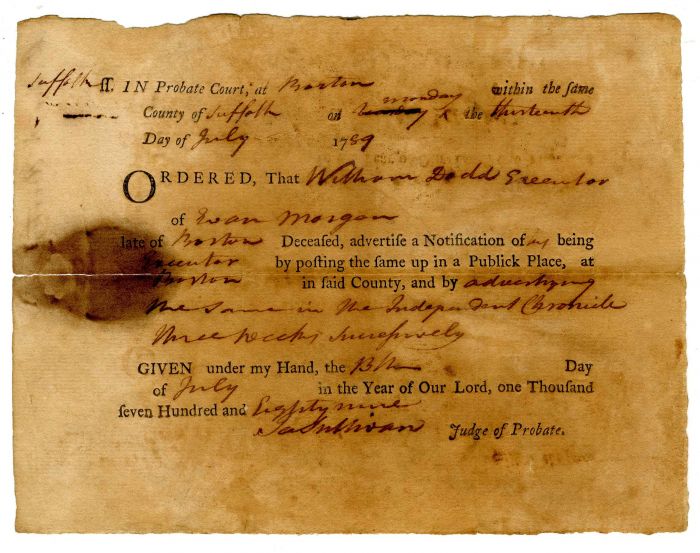 Probate Notice - 1789 dated from Boston, Massachusetts - Americana