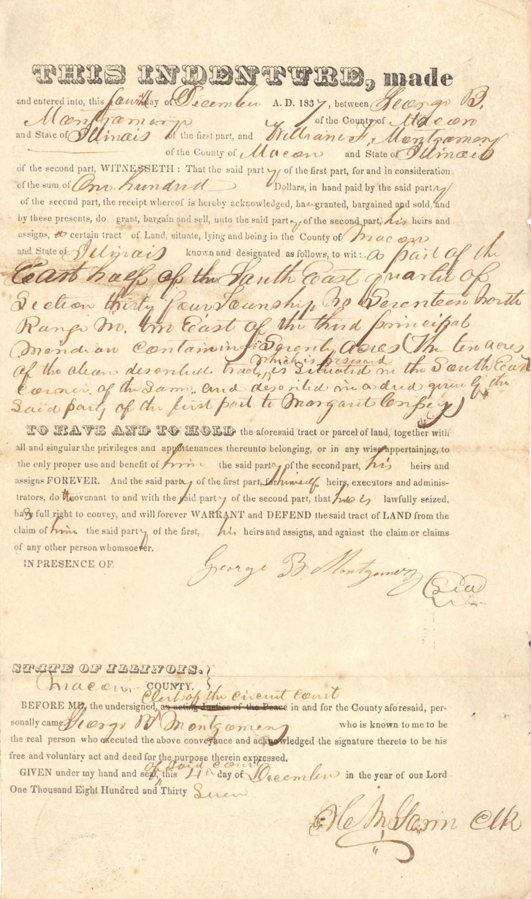 1837 Indenture Deed for Land - Early Stocks and Bonds