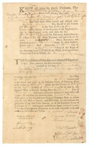 1773 dated Court Document - Early Massachusetts Document - Americana