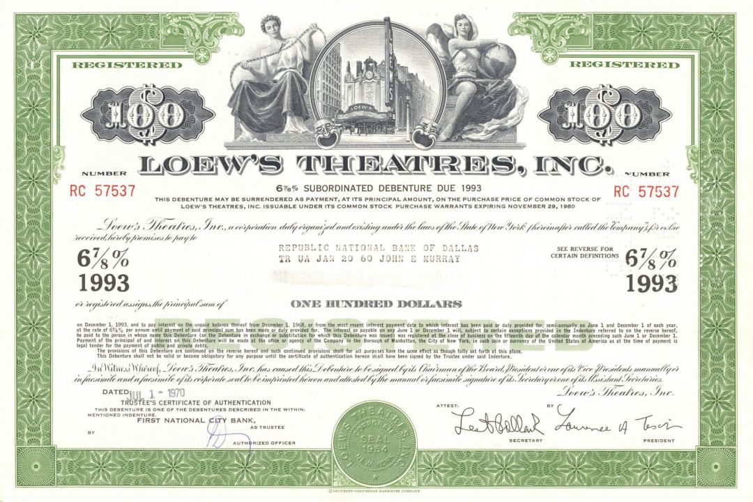 Loew's Theatres, Inc. - Movie Theater Chain Bond 1960's-80's - Entertainment