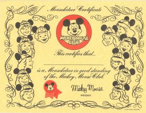 Mickey Mouse Club - Authentic Blank Certificate - For a Mouseketeer Membership