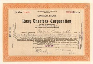 Roxy Theatres Corp. - 1927 dated Stock (Uncanceled)