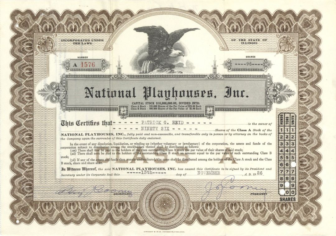 National Playhouses, Inc - 1926-1928 dated Stock Certificate