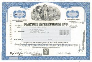 Playboy Enterprises, Inc. - Facsimile Signatures of Hugh Marston Hefner & Christie Ann Hefner - 1990 dated Adult Entertainment Stock Certificate