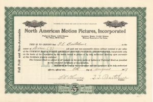 North American Motion Pictures, Incorp. - 1917 dated Stock Certificate