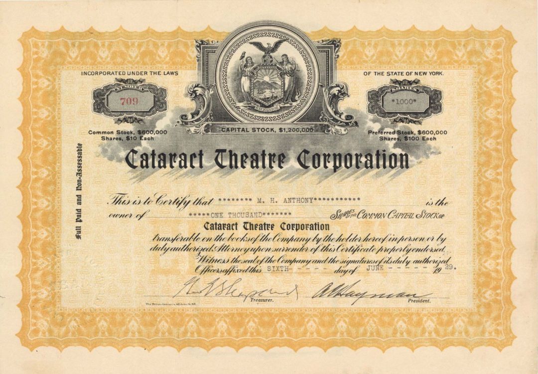 Cataract Theatre Corp. - Stock Certificate