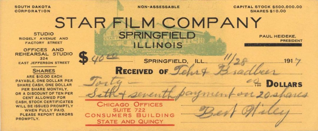 Star Film Co. - 1917 dated Check