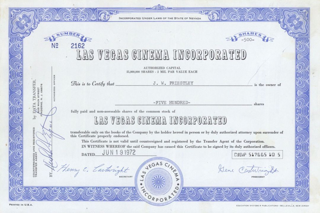 Las Vegas Cinema Inc. - 1970's dated Entertainment Stock Certificate