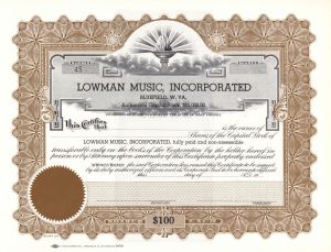 Lowman Music, Inc. - Unissued Stock Certificate