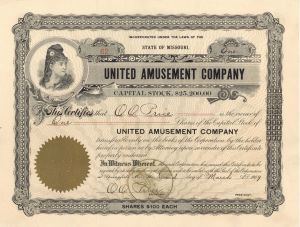 United Amusement Co.  - 1909 dated Stock Certificate