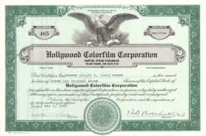  Hollywood Colorfilm Corp. -  1940 dated Stock Certificate