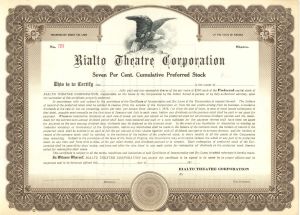 Rialto Theatre Corp. - Unissued Stock Certificate