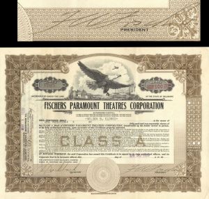 Fischers Paramount Theatres Corp. - 1929 dated Stock Certificate