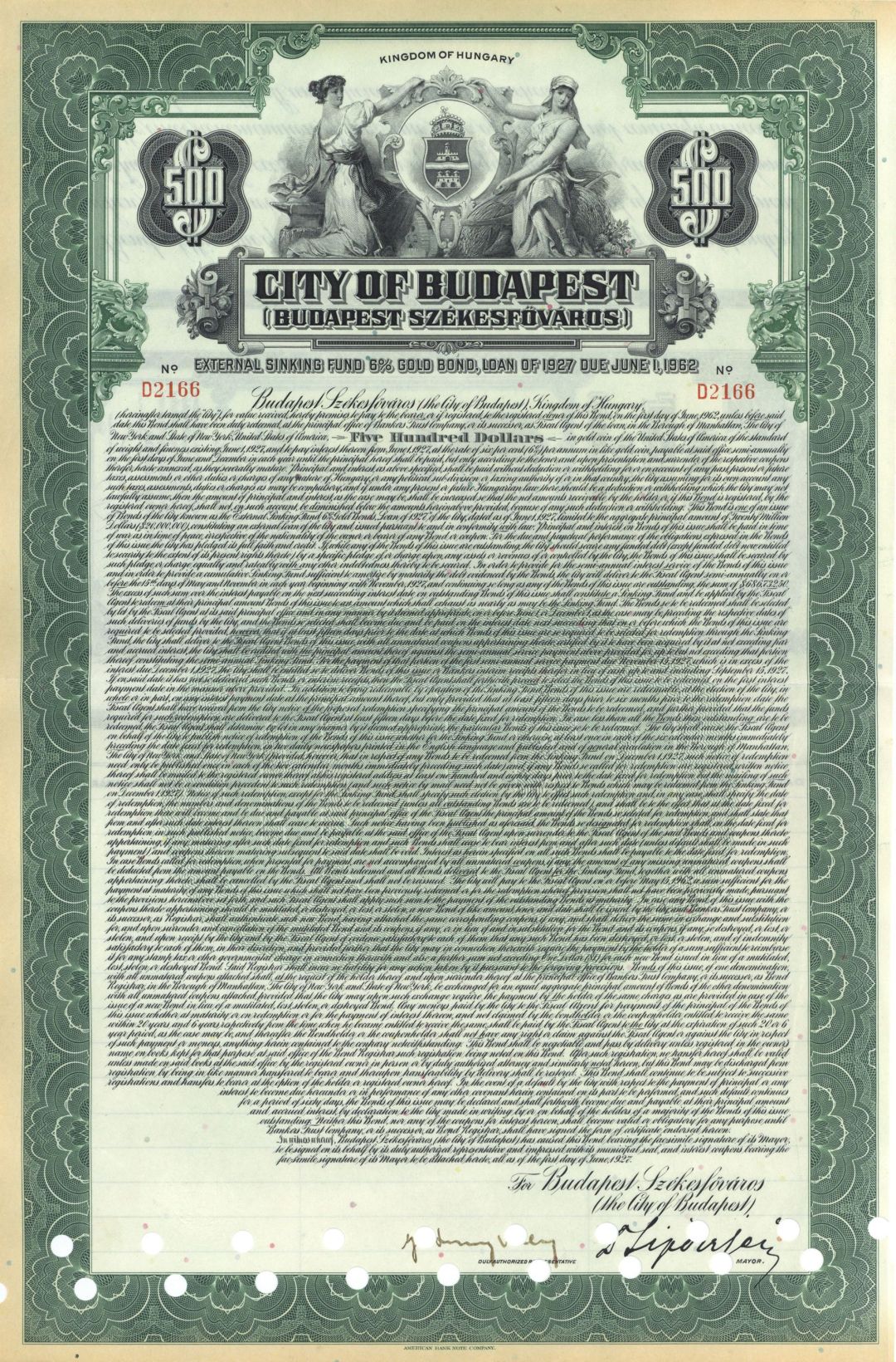 City of Budapest - 1927 dated Hungarian Bond - Budapest, Hungary