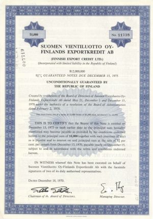 Suomen Vientiluotto Oy-Finlands Exportkredit AB - $1,000 1970 dated Bond