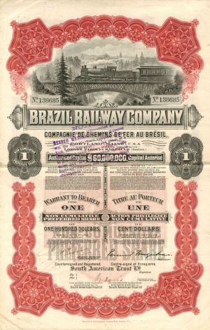 Brazil Railway Co. - 1906 dated Railroad Stock Certificate with Dividend Coupons Attached