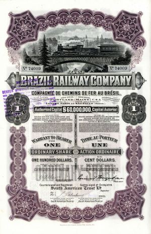 Brazil Railway Co. - 1911 dated Railroad Stock Certificate with Dividend Coupons Attached - Foreign Bond