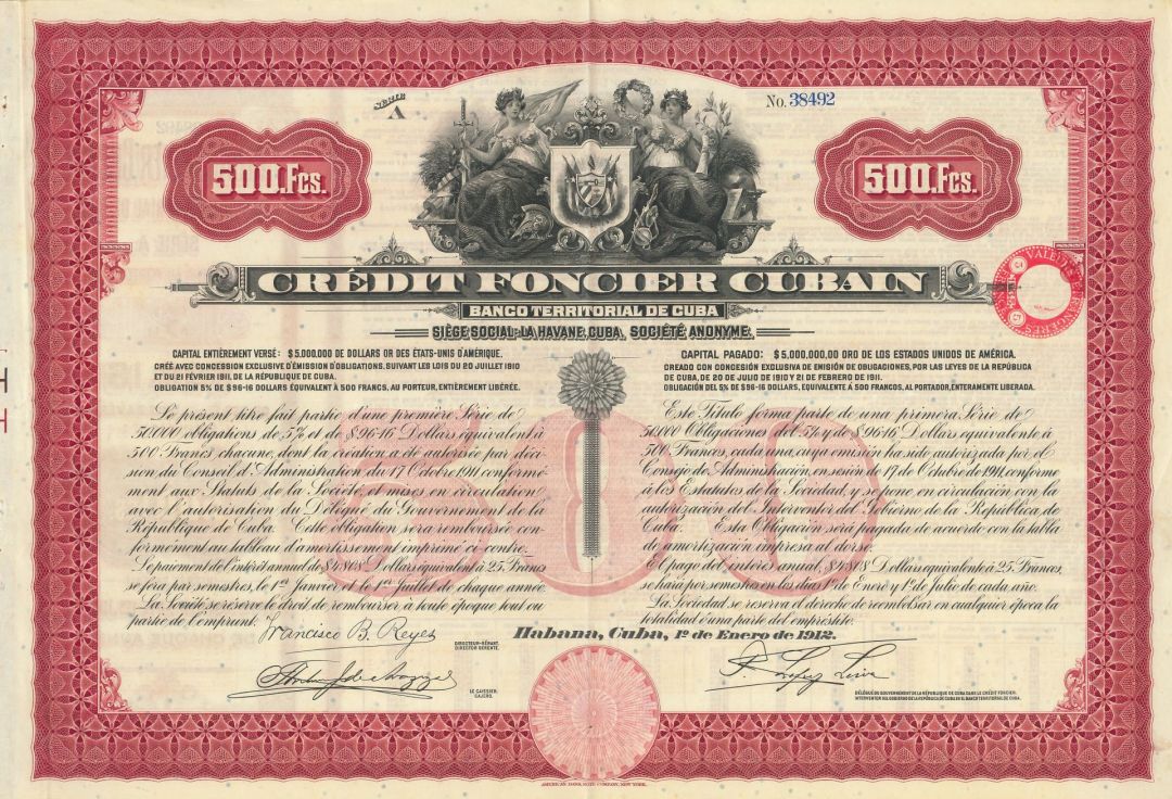 Credit Foncier Cubain - 1912 dated Havana Cuba Banking Bond (Uncanceled)