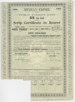 Maximilian Mexican Empire 1864 6% 420 Francs Bond - Mexico Government Obligation - With Pass-co Authentication