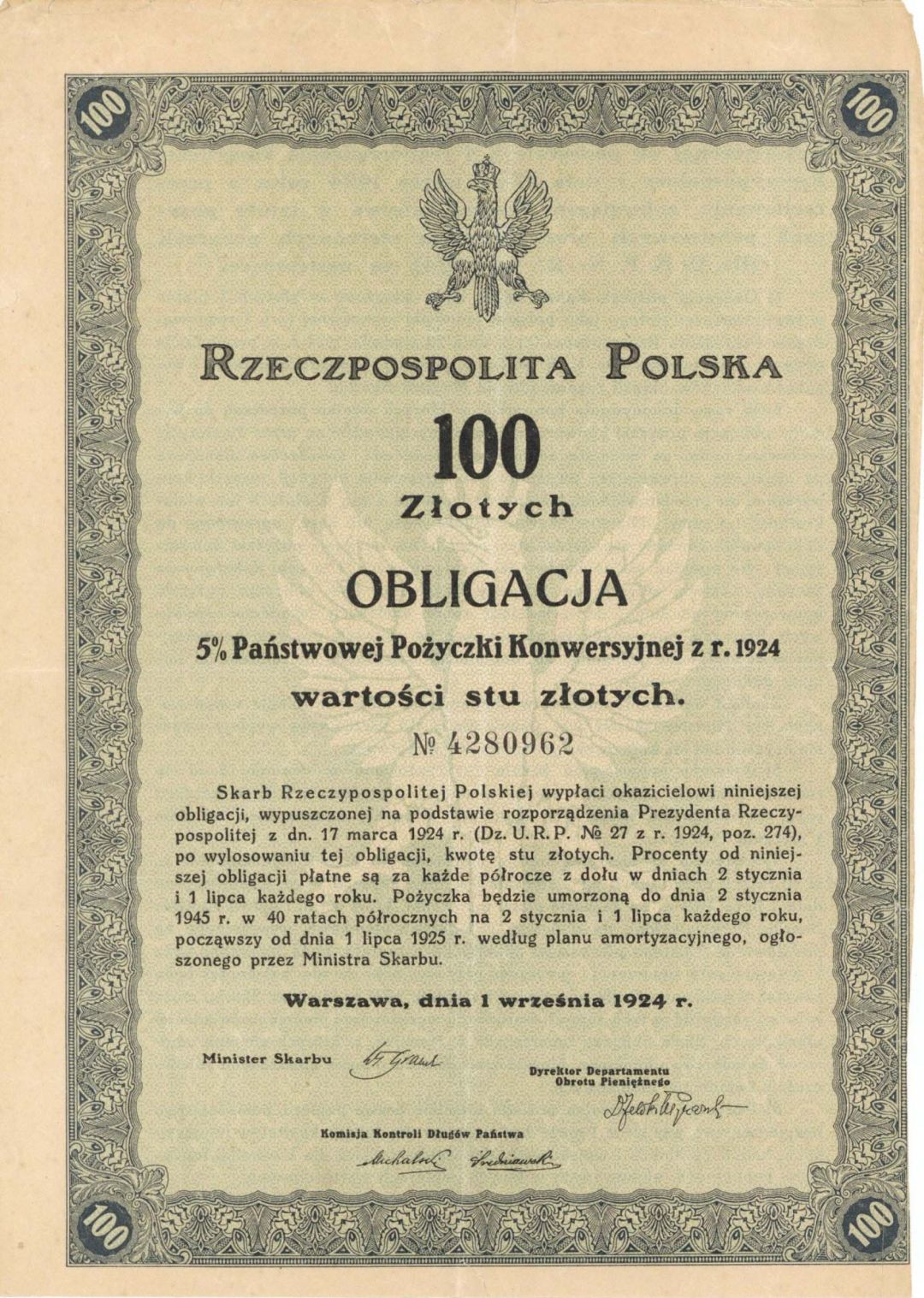 Rzeczpospolita Polska - 100 Zlotych Bond dated 1924