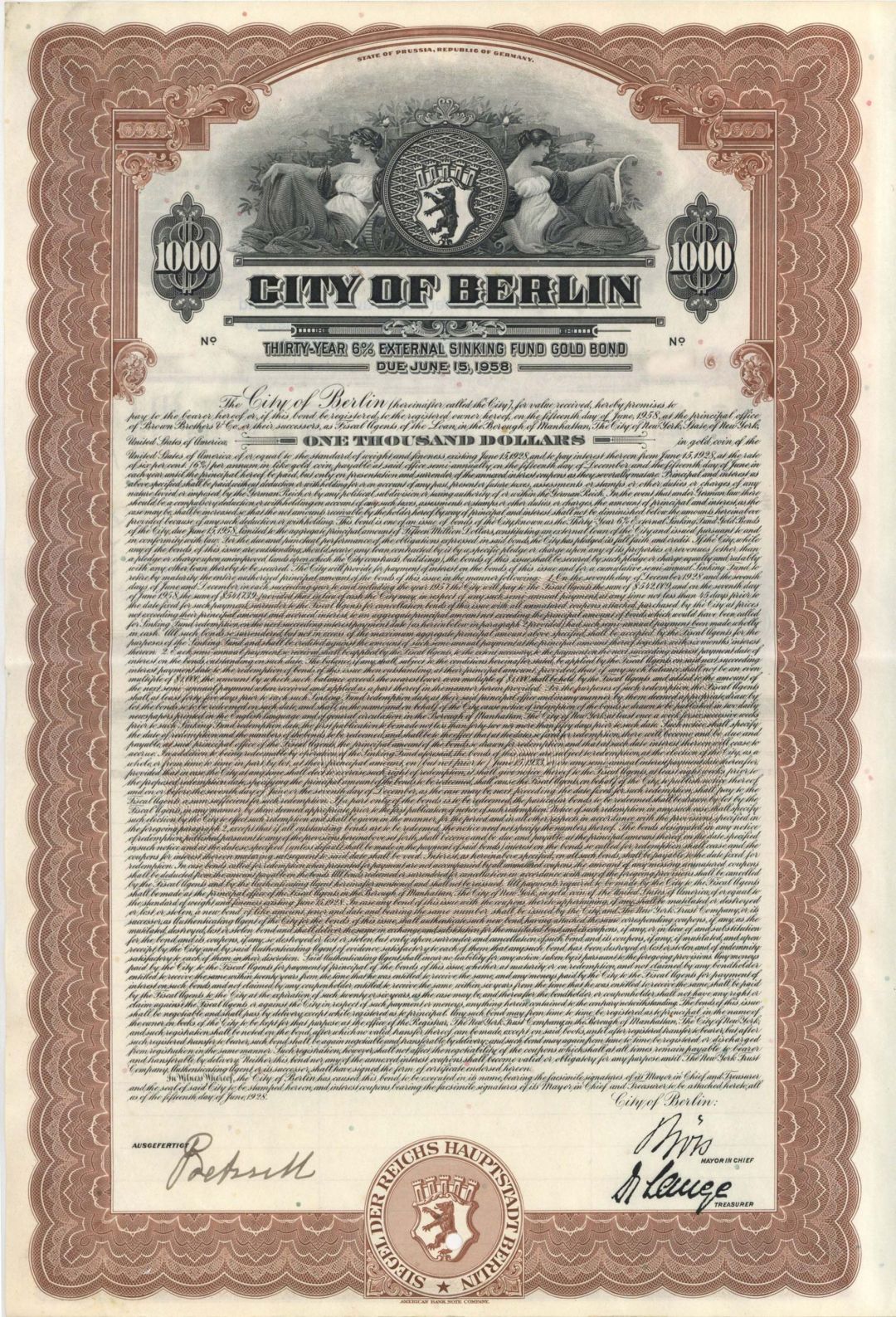 City of Berlin - Canceled $1,000 6% 1928 dated Gold Bond