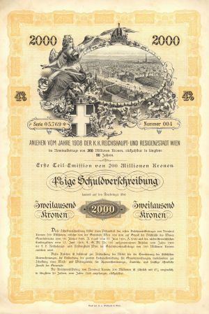 1908 dated Austrian Kronen Bond - 2000 Kronen Yellow Type