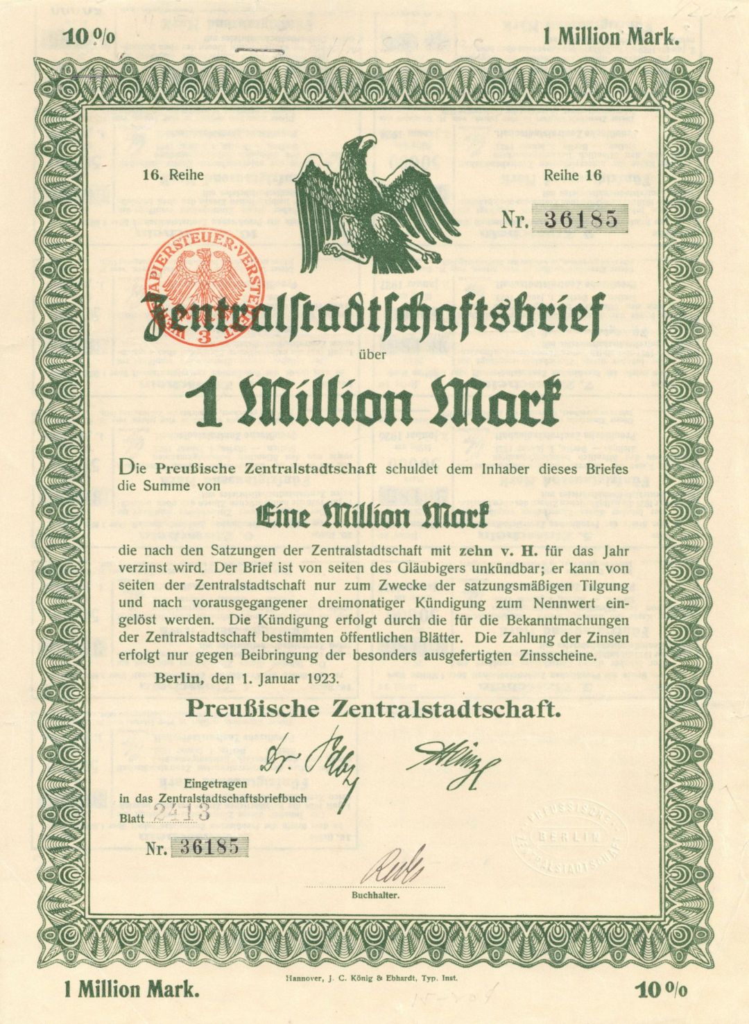 Zentralstadtschaft - 1923 dated 1 Million Mark Uncanceled 10% German Bond