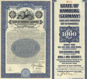 State of Hamburg Germany - 6% 1926 dated $1,000 German Gold Bond - Uncanceled - Hamburg, Germany