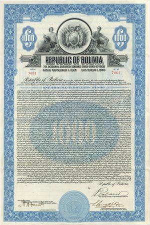 Republic of Bolivia - 1928 dated $1,000 Uncanceled  Bond