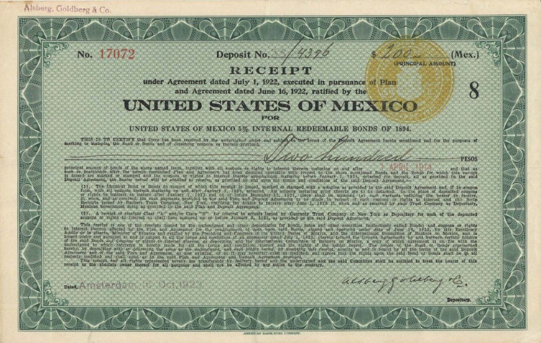 United States of Mexico - 1922 or 1923 dated Transfer Receipt