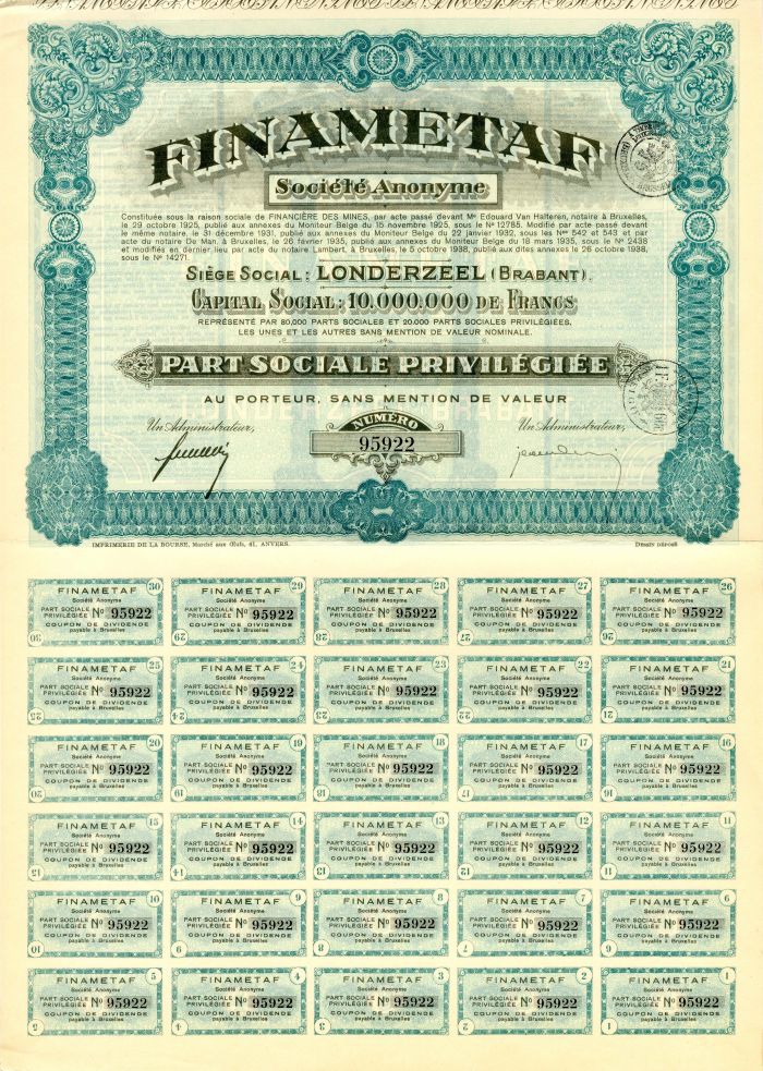 Finametaf - Belgium Stock Certificate