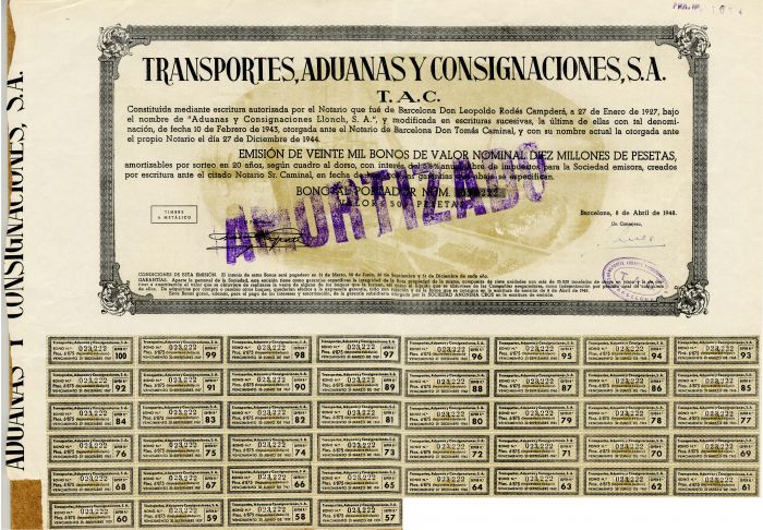 Transportes, Aduanas y Consignaciones, S.A. 500 Pesetas