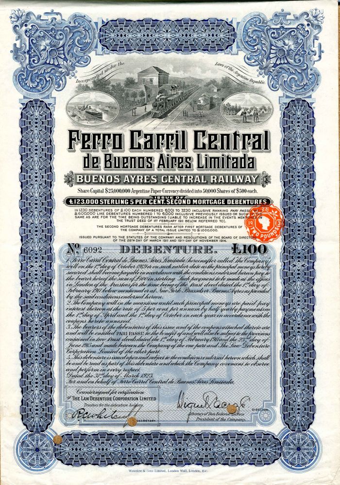 Ferro Carril Central de Buenos Aires Limitada - £100 Bond