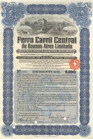 Ferro Carril Central de Buenos Aires Limitada - 1923 dated Argentina £100 Bond